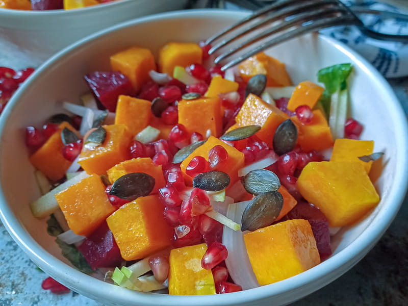 Salad with Beetroot, Roasted Butternut Squash, and Pomegranate